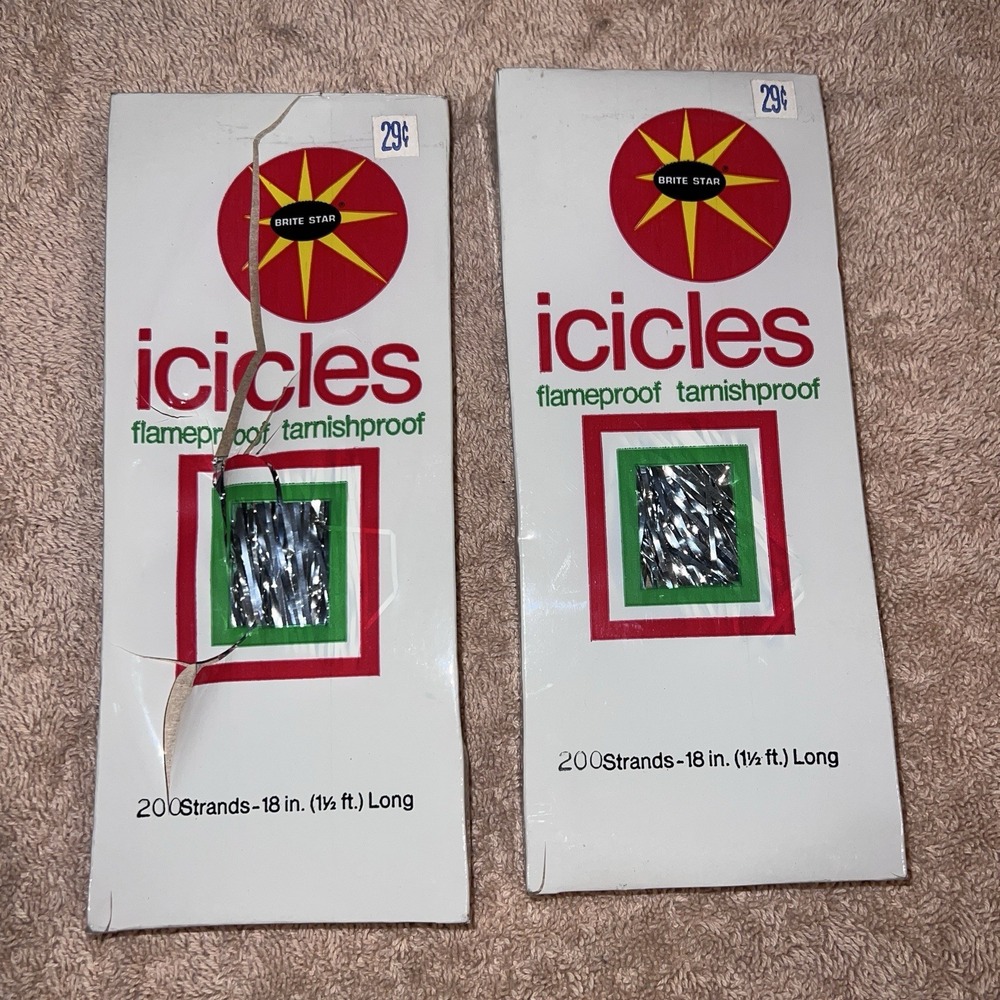 Vintage Icicles Brite Star 18 inch Strands Silver Tinsel 200 Strands USA 1975
